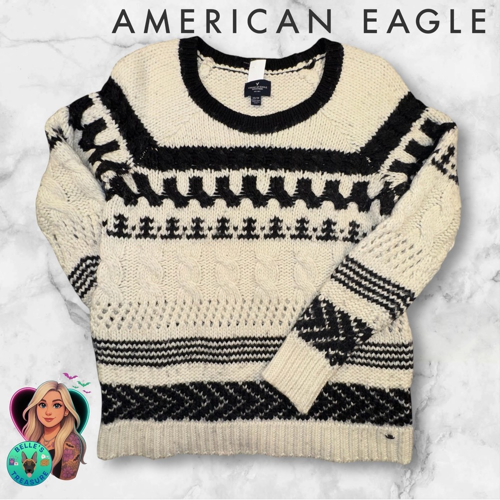 American Eagle Sweater‎ XS S Crochet Chunky Knit Wool Cottagecore Fisherman Y2K
